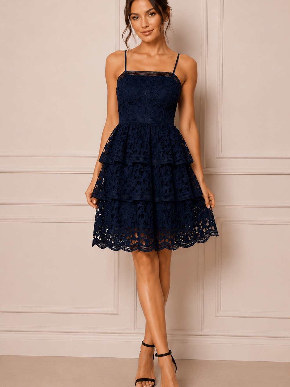 Chi Chi London Navy Floral Lace Tiered Knee Length Dress US 10 NWOT